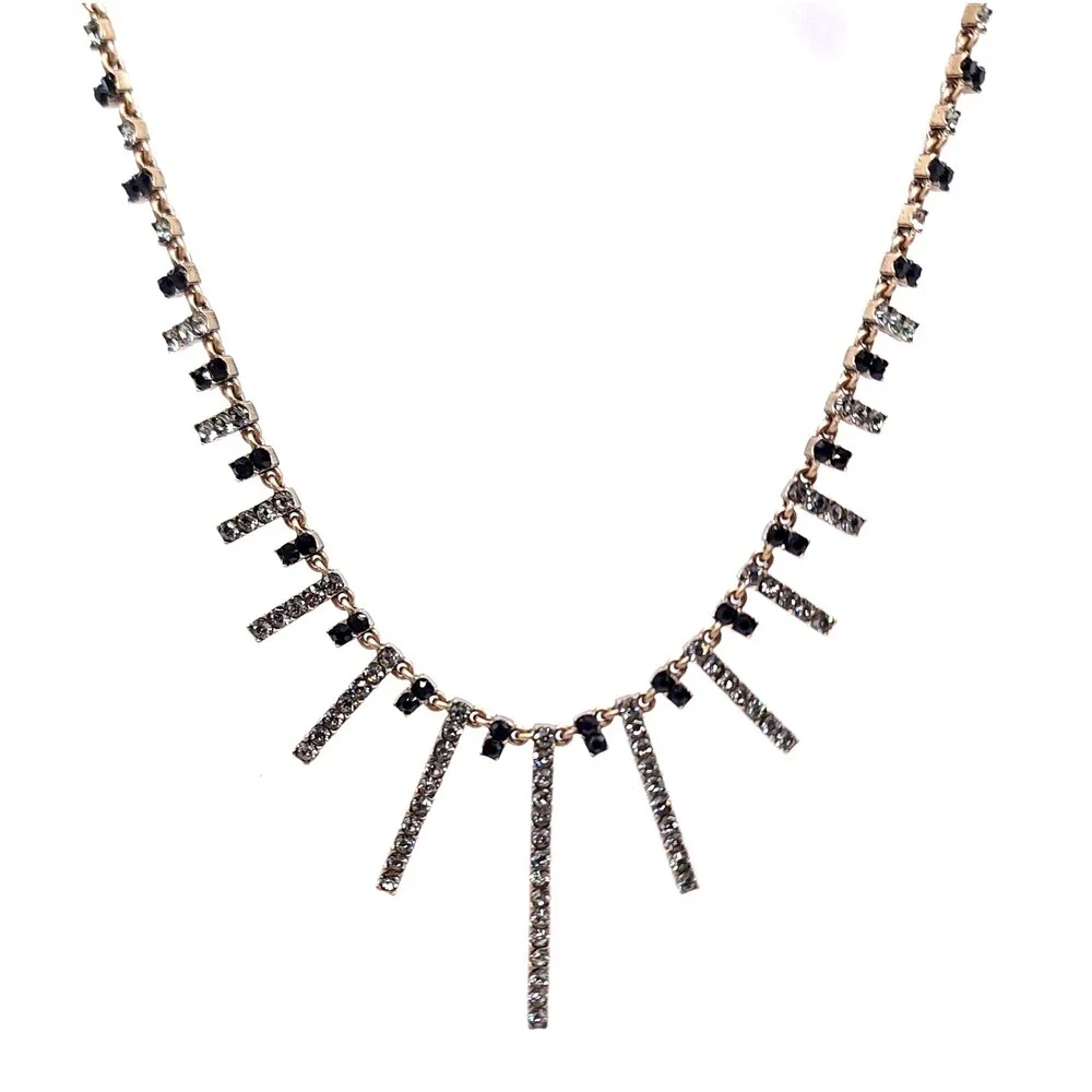 Pilgrim Fringe Bib Necklace Gold Tone Black‎ Clear Swarovski Crystal Statement